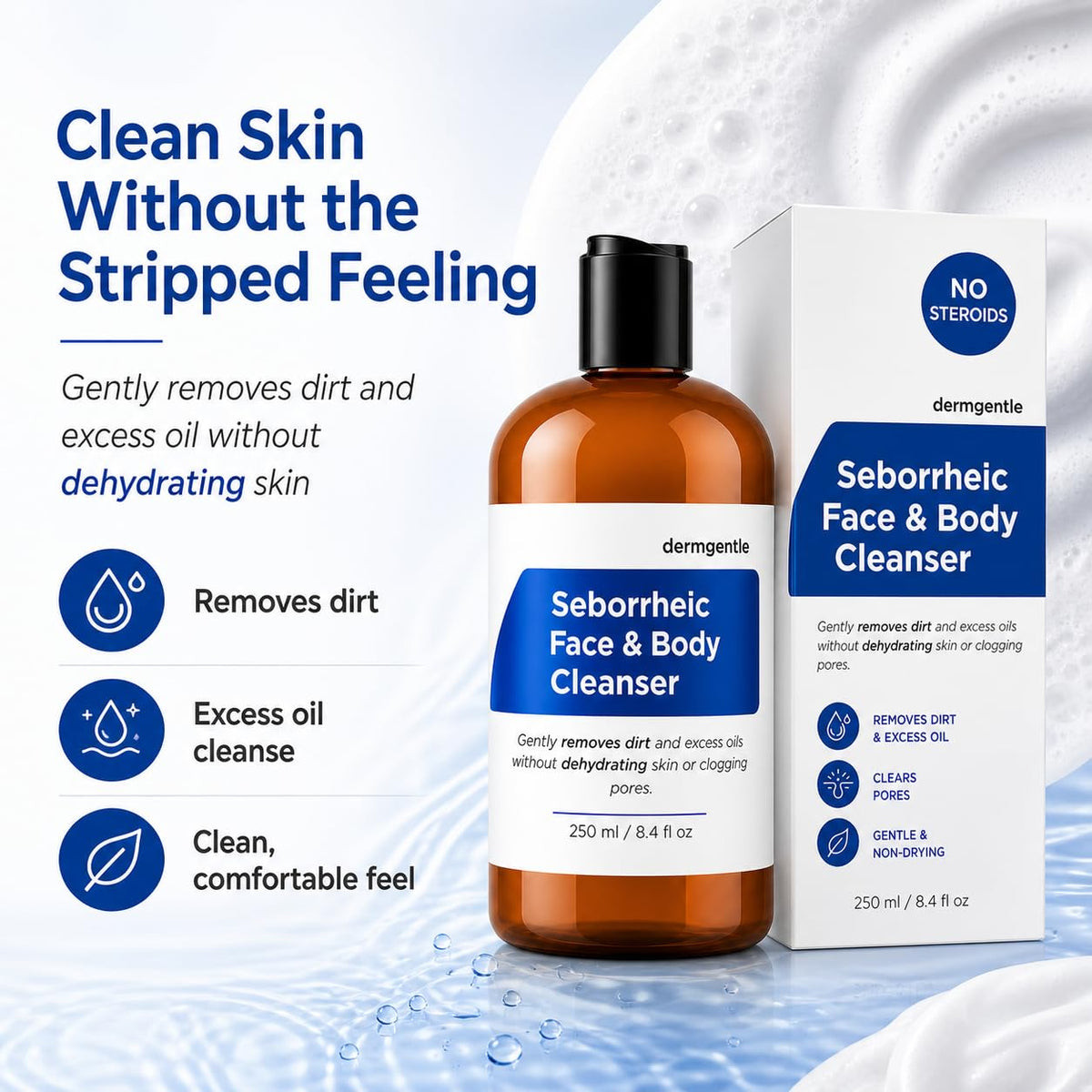 Dermgentle cleanser texture and lather close-up illustrating gentle foam
