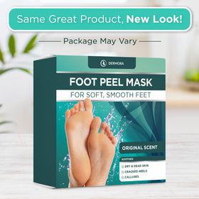 DERMORA foot mask applied on feet demonstrating hands-free comfort