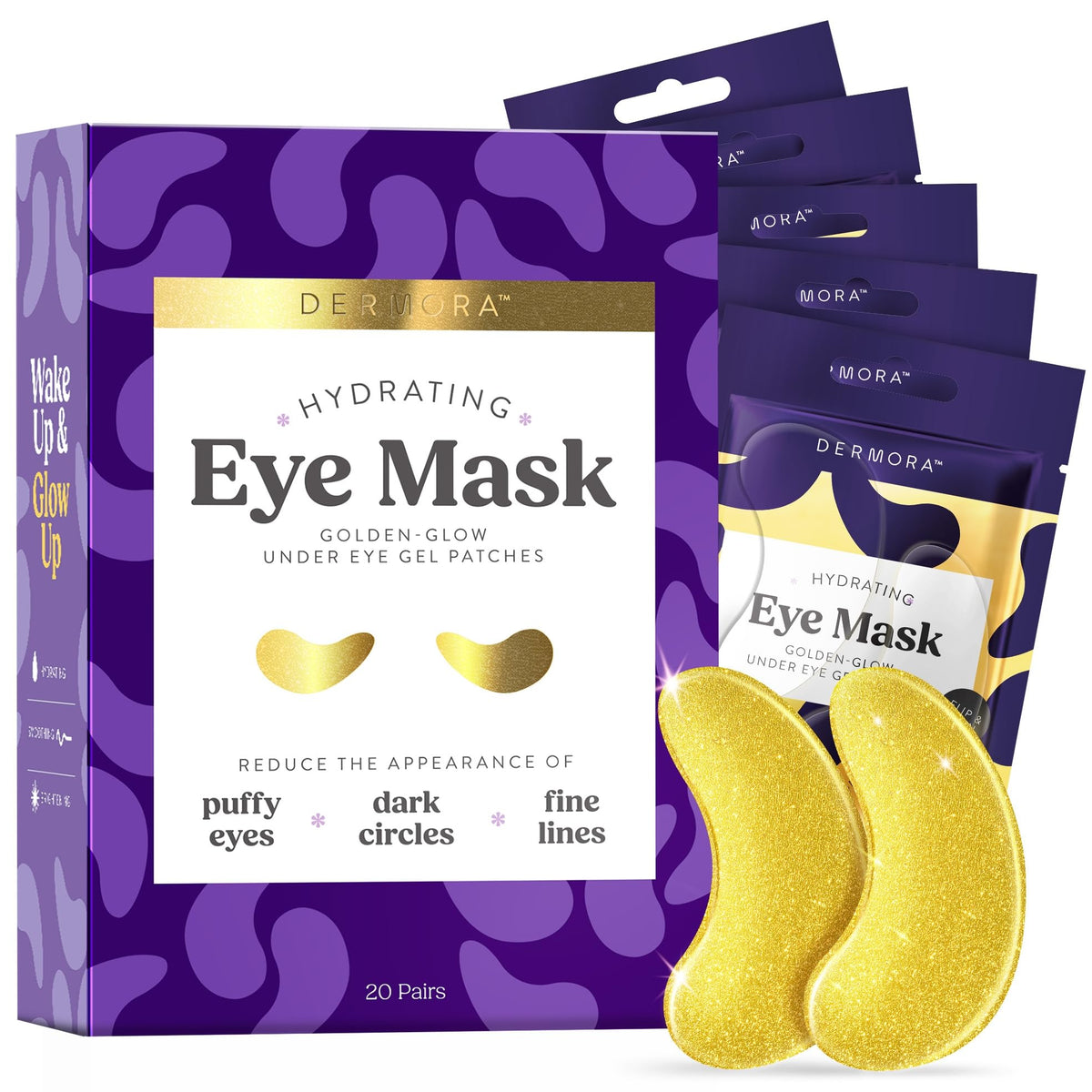 DERMORA front packaging showing golden glow under eye patches for easy identification and quick use