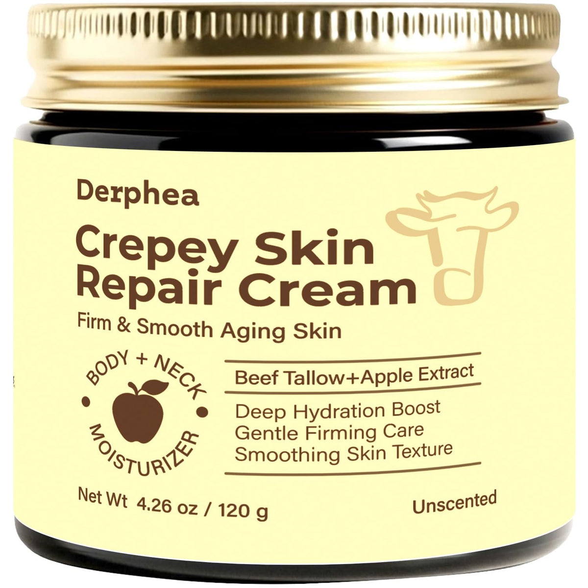 DERPHEA front jar showing clean unscented crepey repair cream and soothing hydration