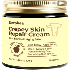 DERPHEA front jar showing clean unscented crepey repair cream and soothing hydration