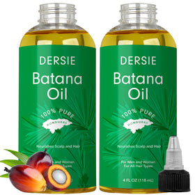 Dersie front view of two batana oil bottles showing packaging and size benefit