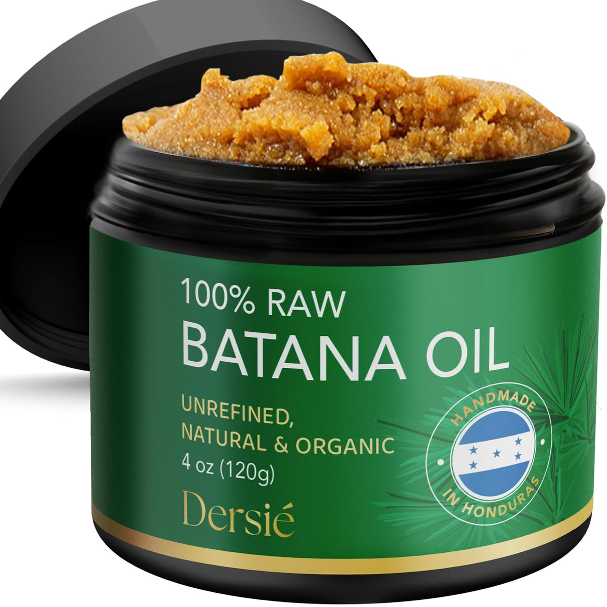 Dersie jar front view showing raw batana paste and clear label, promotes authentic nourishment