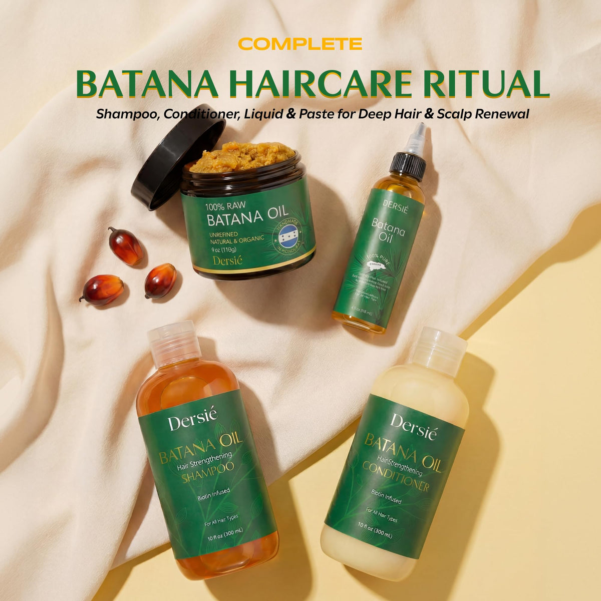 Bathroom ritual scene with Dersie batana paste showing relaxing weekly treatment benefit