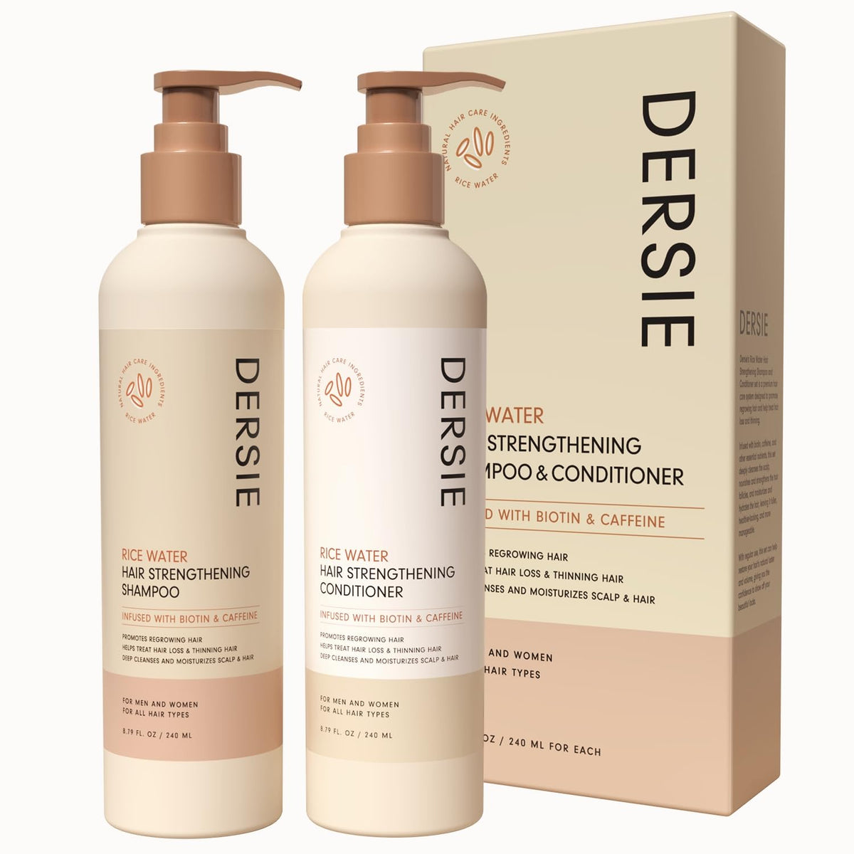 Dersie front packaging showing shampoo and conditioner, professional presentation benefit