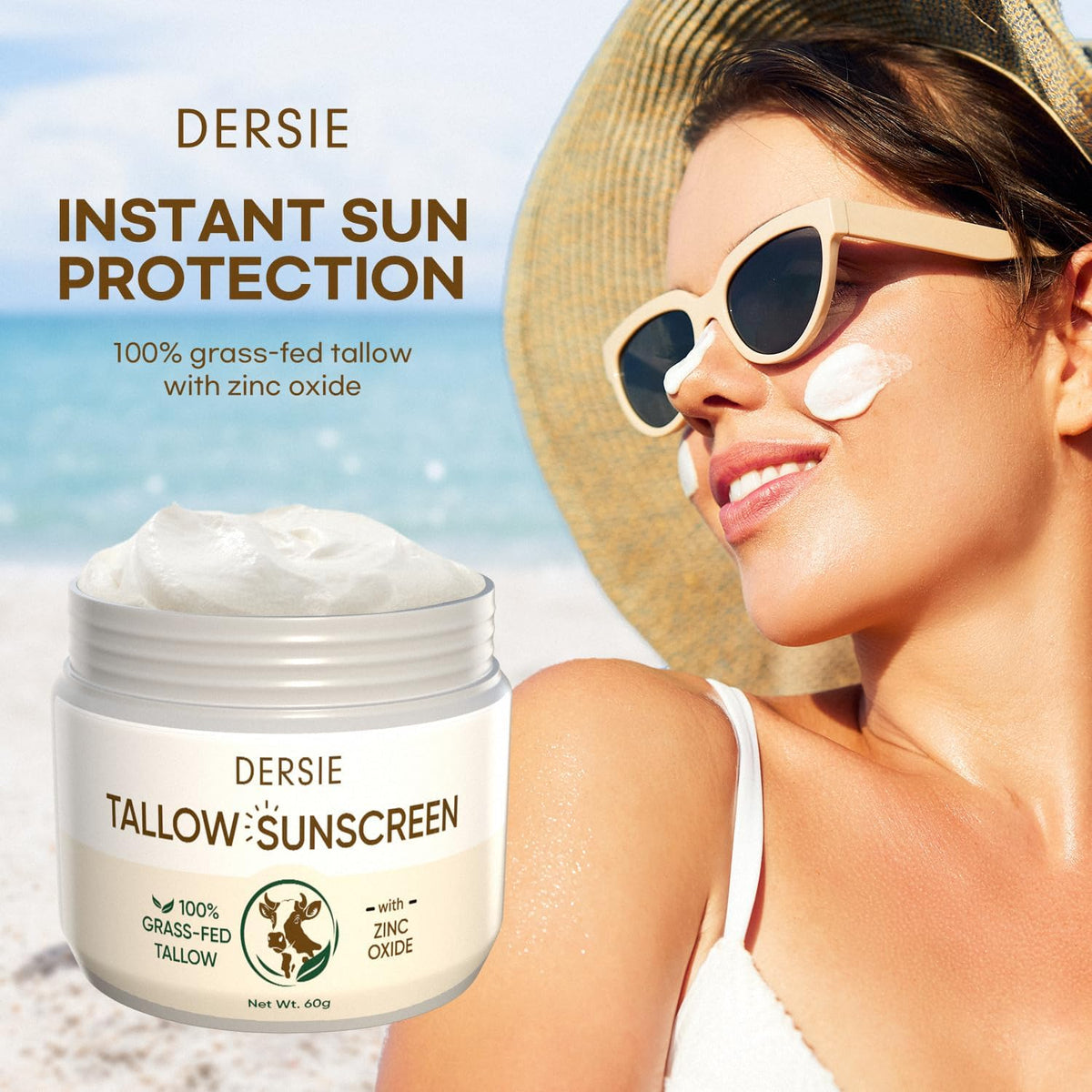 Dersie tube with cap open displaying creamy sunscreen texture for easy spread