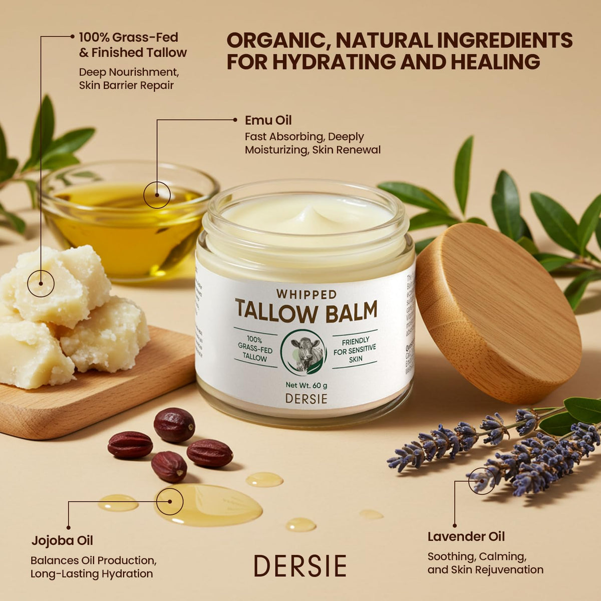 Dersie open jar top view revealing airy whipped tallow consistency