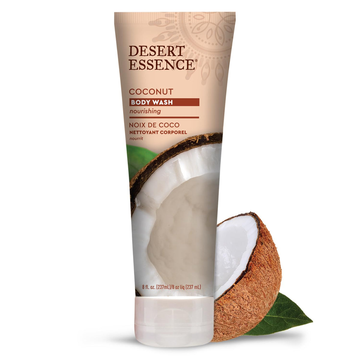 Desert Essence front packaging showing coconut body wash for gentle hydration
