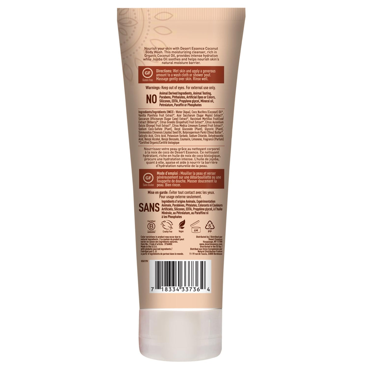Desert Essence label with certifications showing vegan and cruelty-free benefit