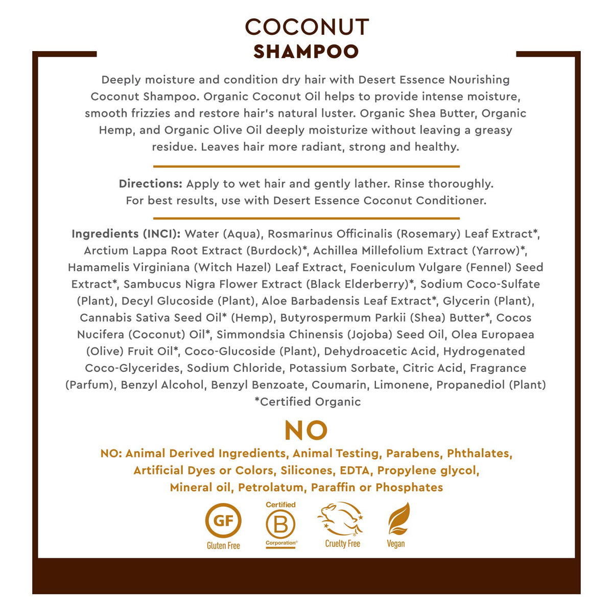 Desert Essence ingredient label featuring organic oils for nourishment