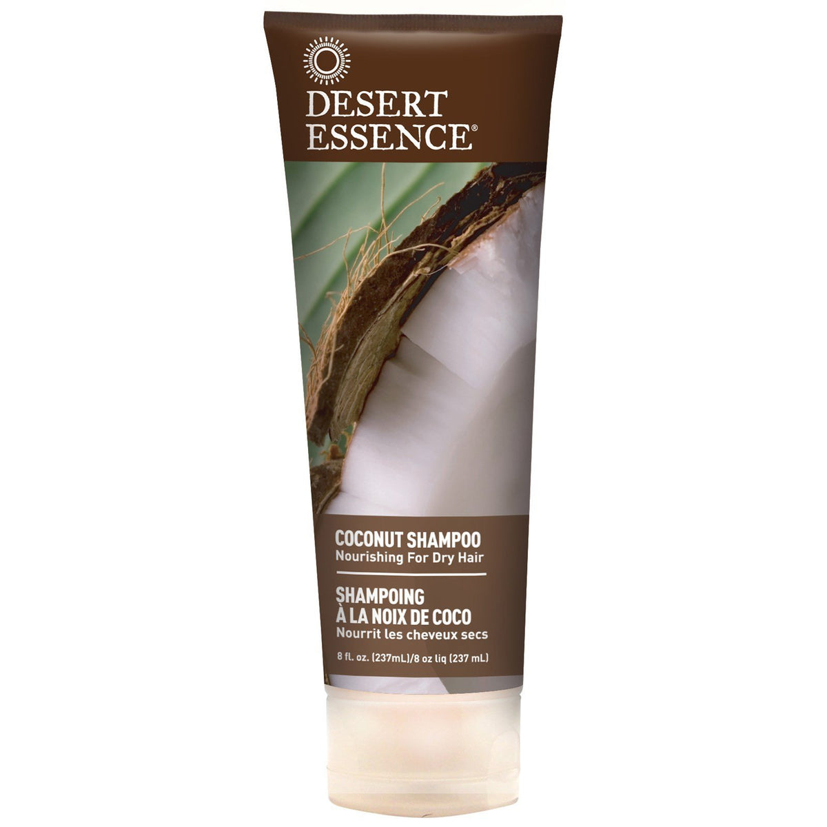 Desert Essence shampoo label close-up highlighting ingredients and clarity