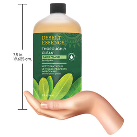 Desert Essence face wash on a bathroom vanity suggesting daily AM and PM routine