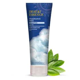 Desert Essence front label showing unscented shampoo and gentle benefits