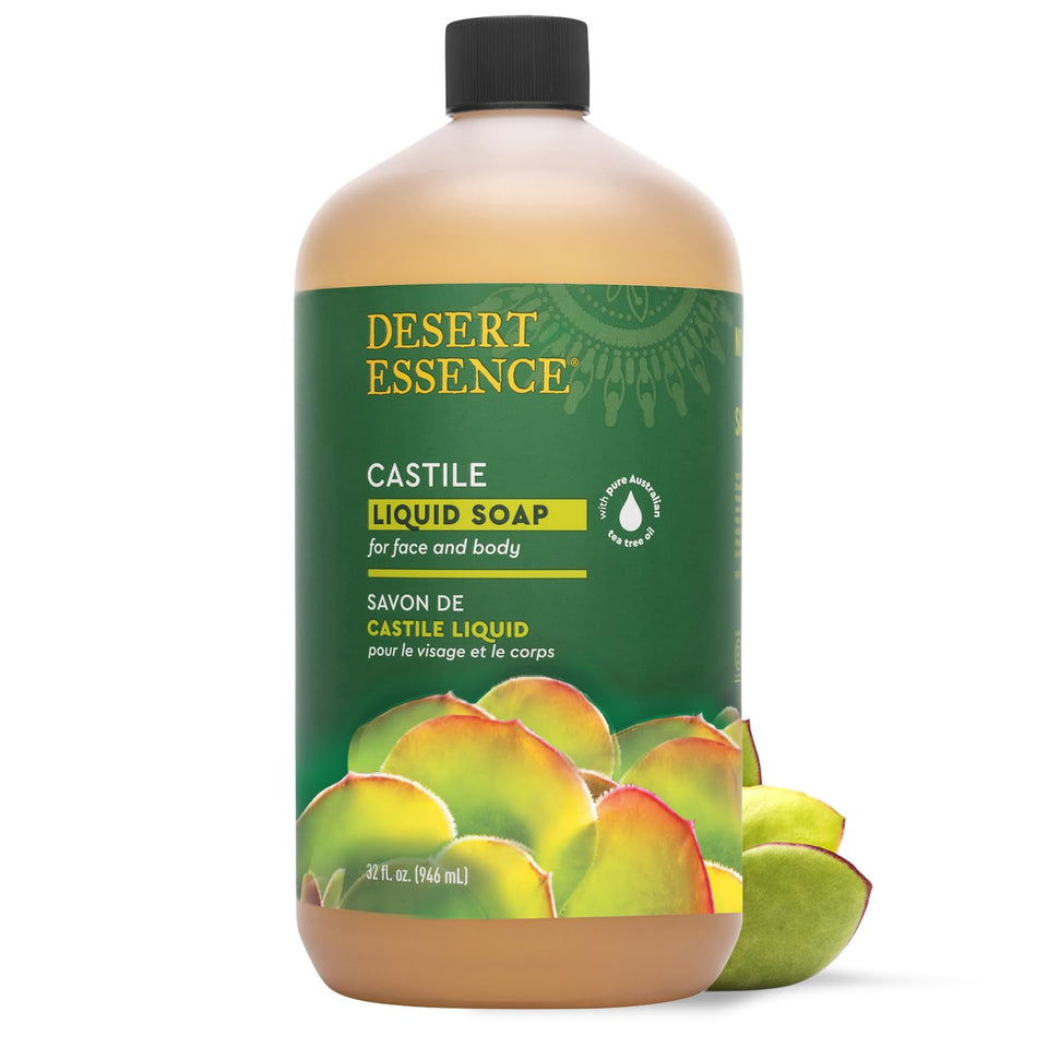 Desert Essence front label showing 32 oz bottle and clear product benefits