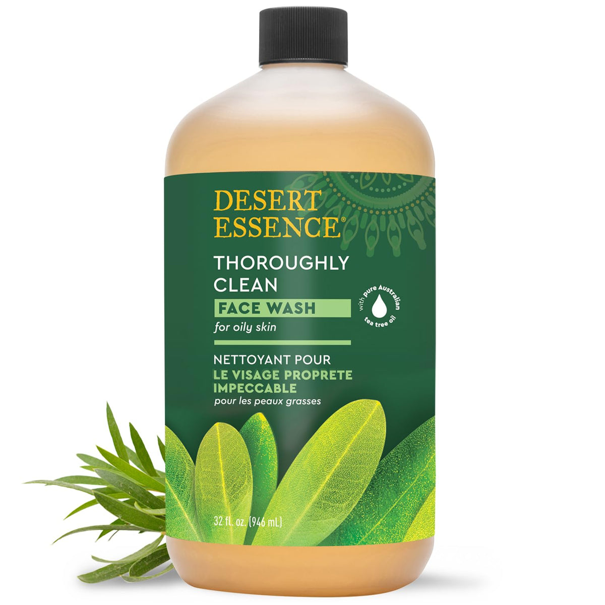 Desert Essence front packaging showing 32 oz bottle and clear labeling benefit: value size