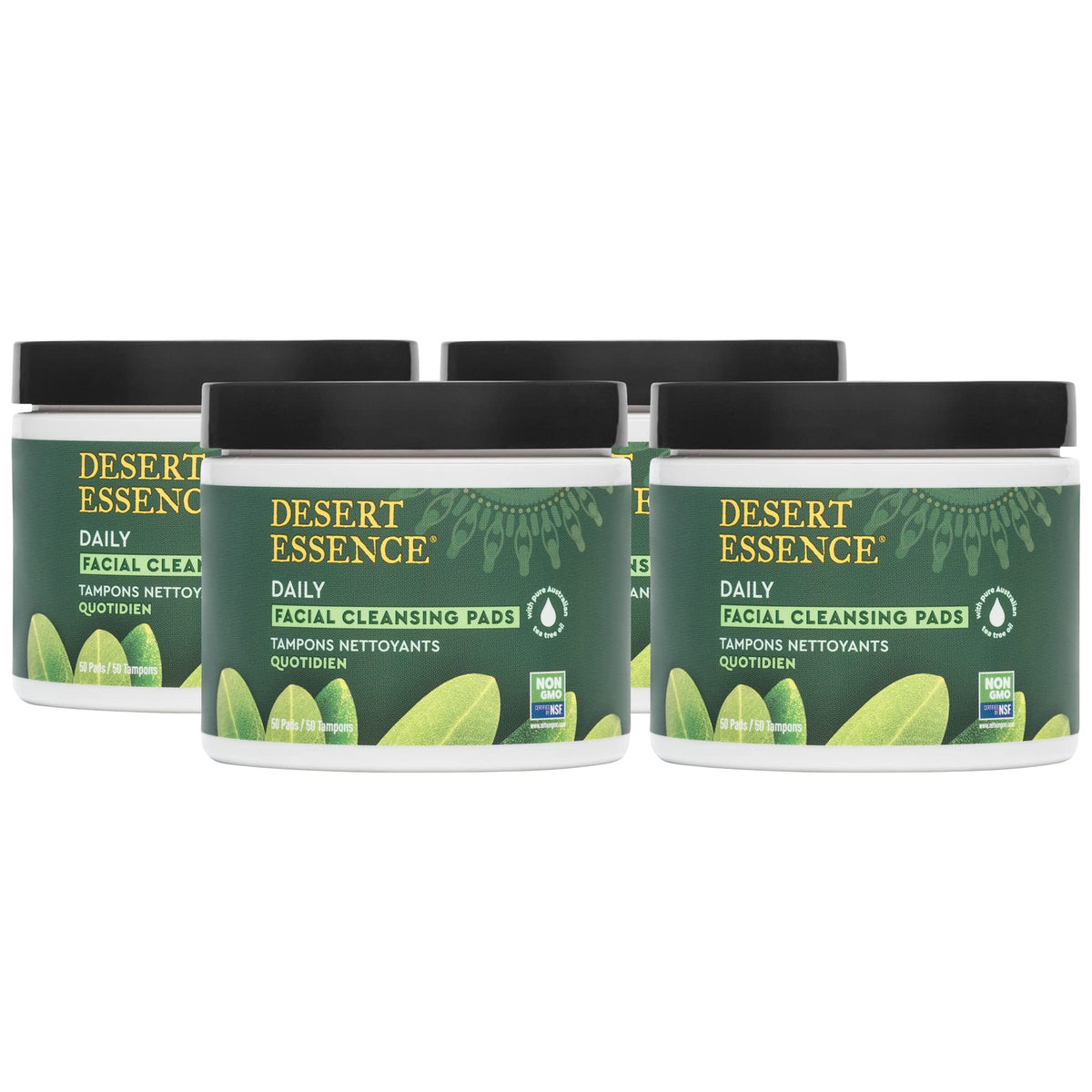 Desert Essence front packaging showing 50 pads and eco-friendly branding for convenience