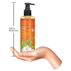 Desert Essence bottle on bathroom counter during skincare routine for everyday use