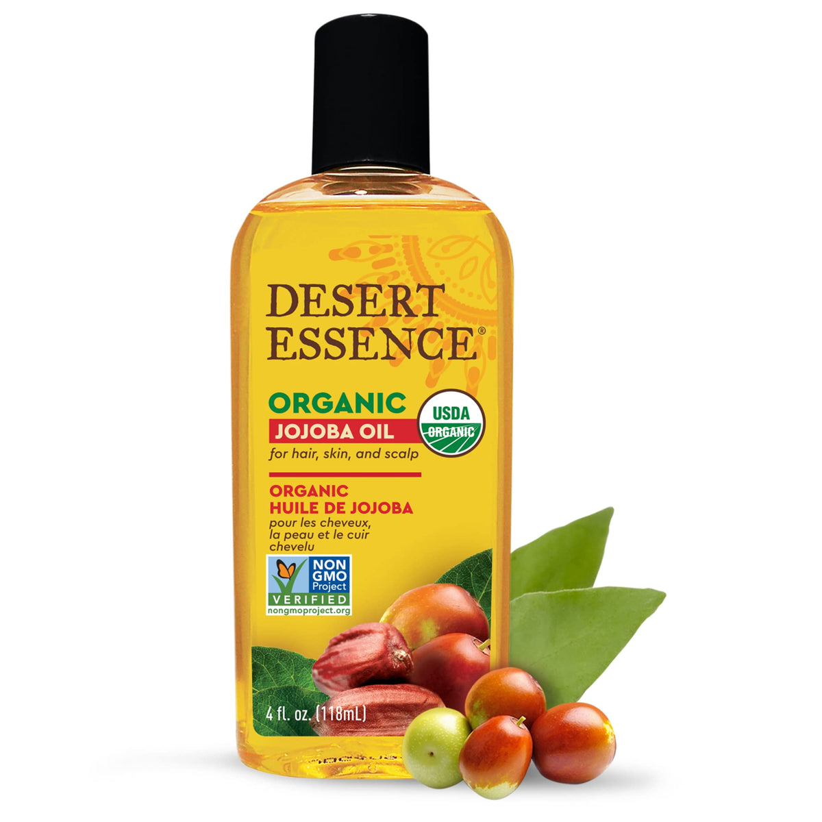 Close-up of Desert Essence jojoba bottle label highlighting organic, single-ingredient formula