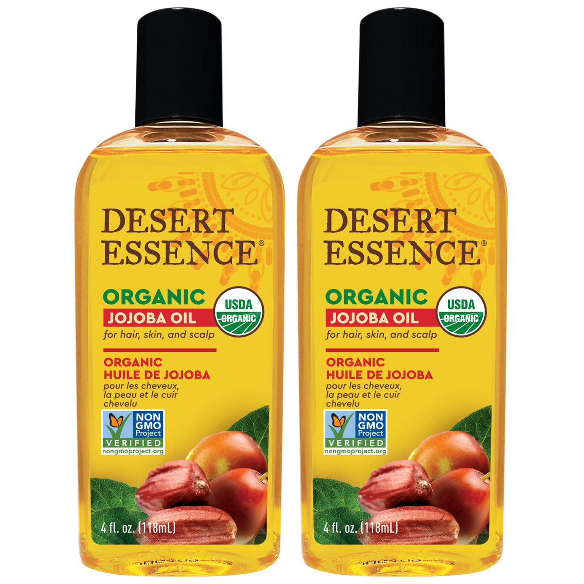 Desert Essence front packaging showing twin 4 fl oz bottles and organic label benefits