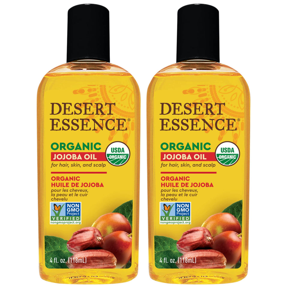 Desert Essence front packaging showing twin 4 fl oz bottles and organic label benefits