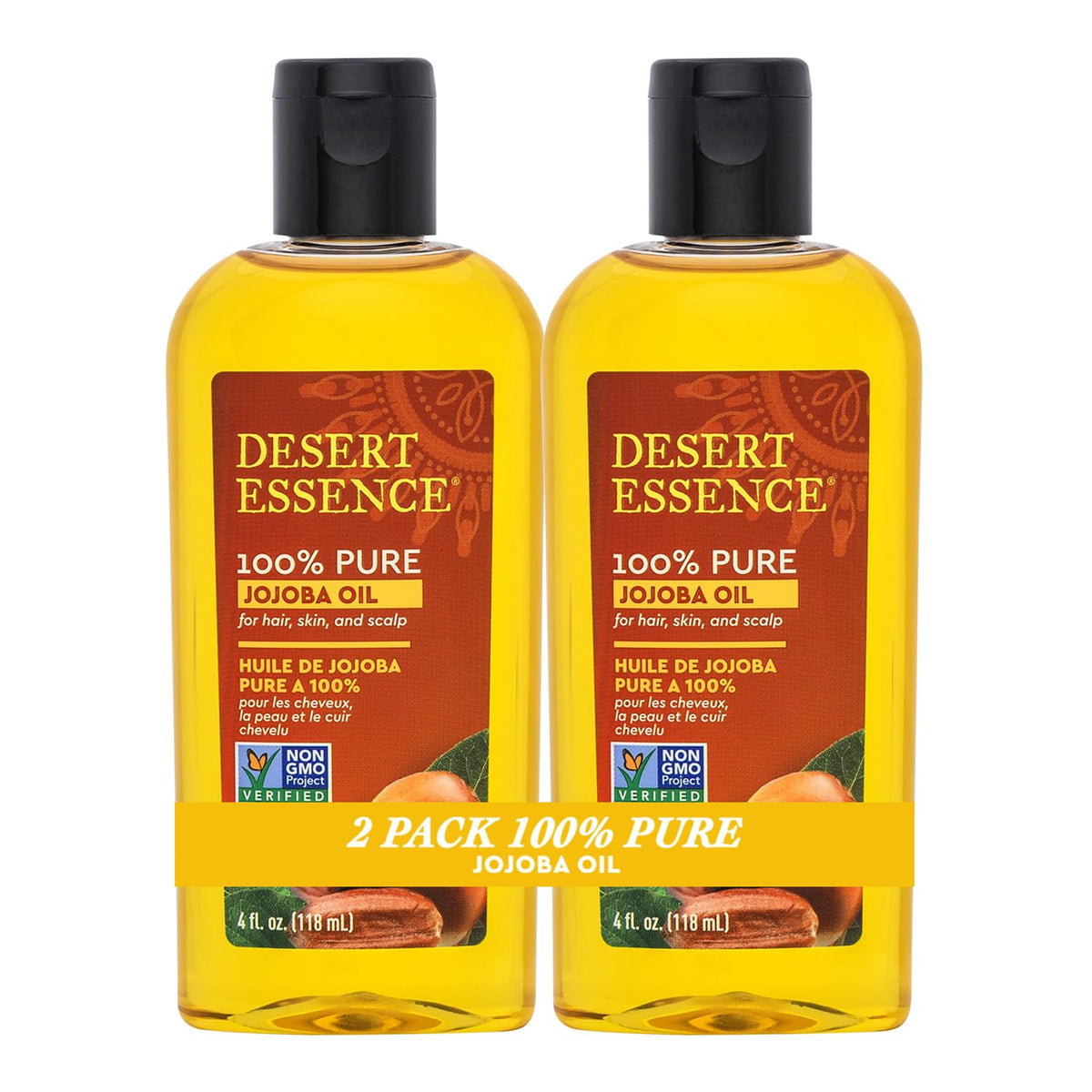 Desert Essence jojoba oil front bottle showing label and clear golden oil