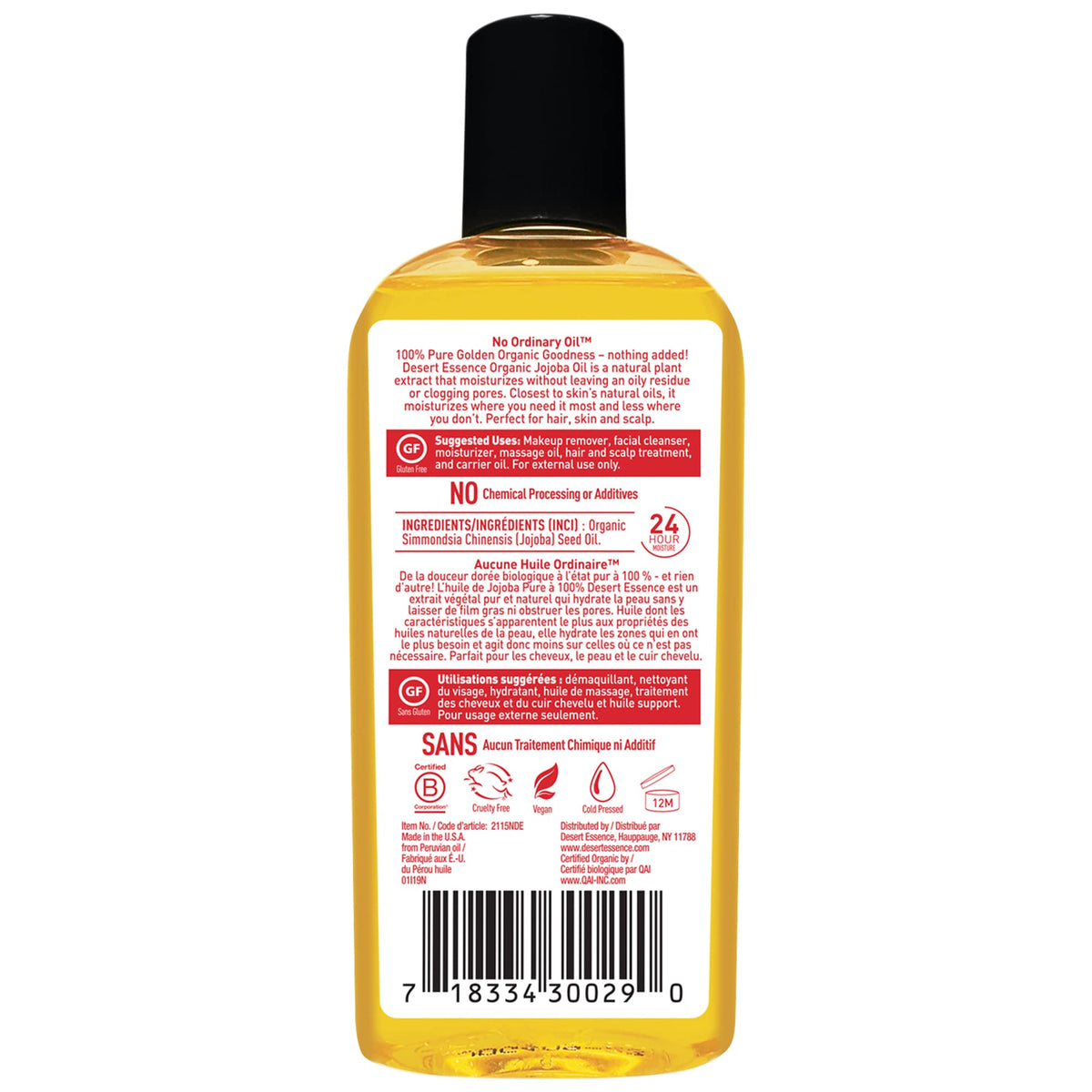 Drop of Desert Essence jojoba oil on hand showing lightweight texture and quick absorption