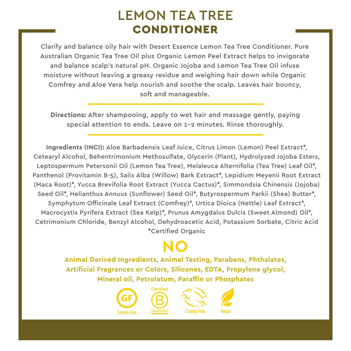 Desert Essence label close-up highlighting organic ingredients and clarity benefit