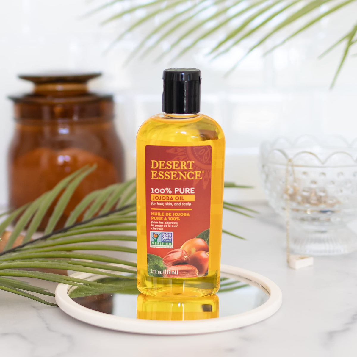 Desert Essence label close-up showing ingredient purity and sustainable sourcing