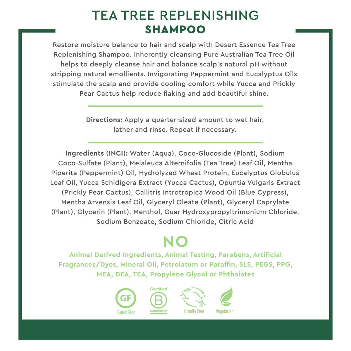 Desert Essence label close-up highlighting tea tree and peppermint ingredients