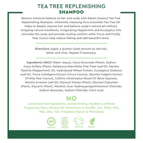 Desert Essence label close-up highlighting tea tree and peppermint ingredients