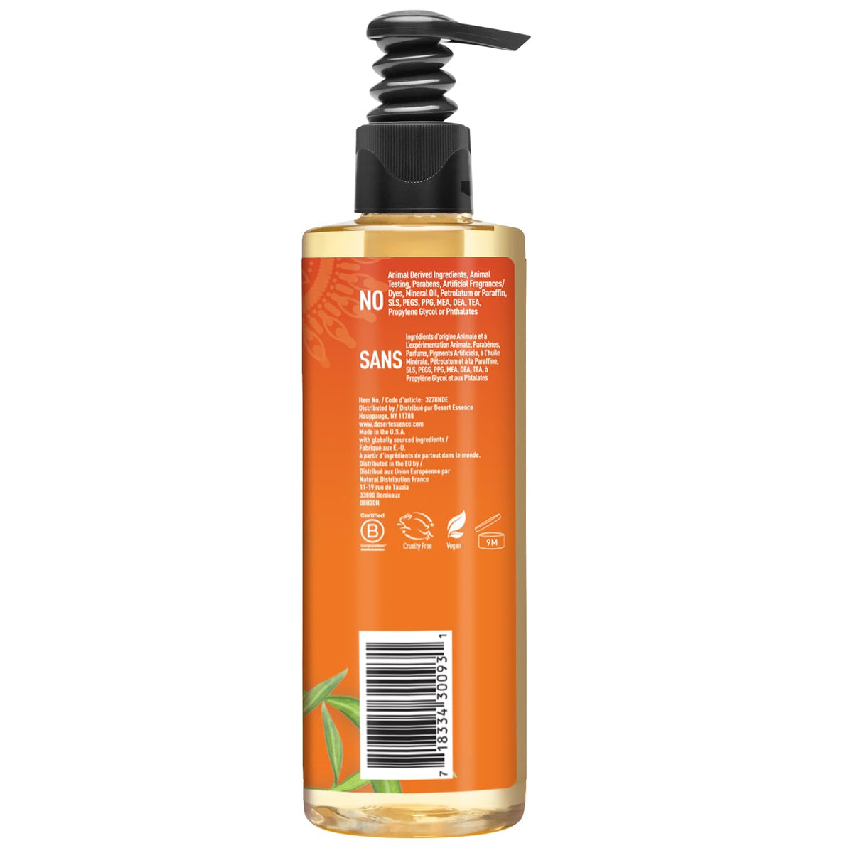 Desert Essence label close-up showing ingredient list and vegan certification