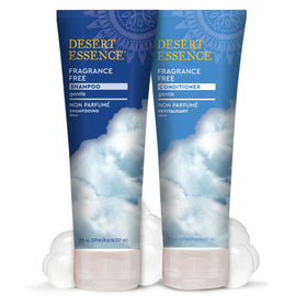 Desert Essence on bathroom shelf portraying clean, unscented routine