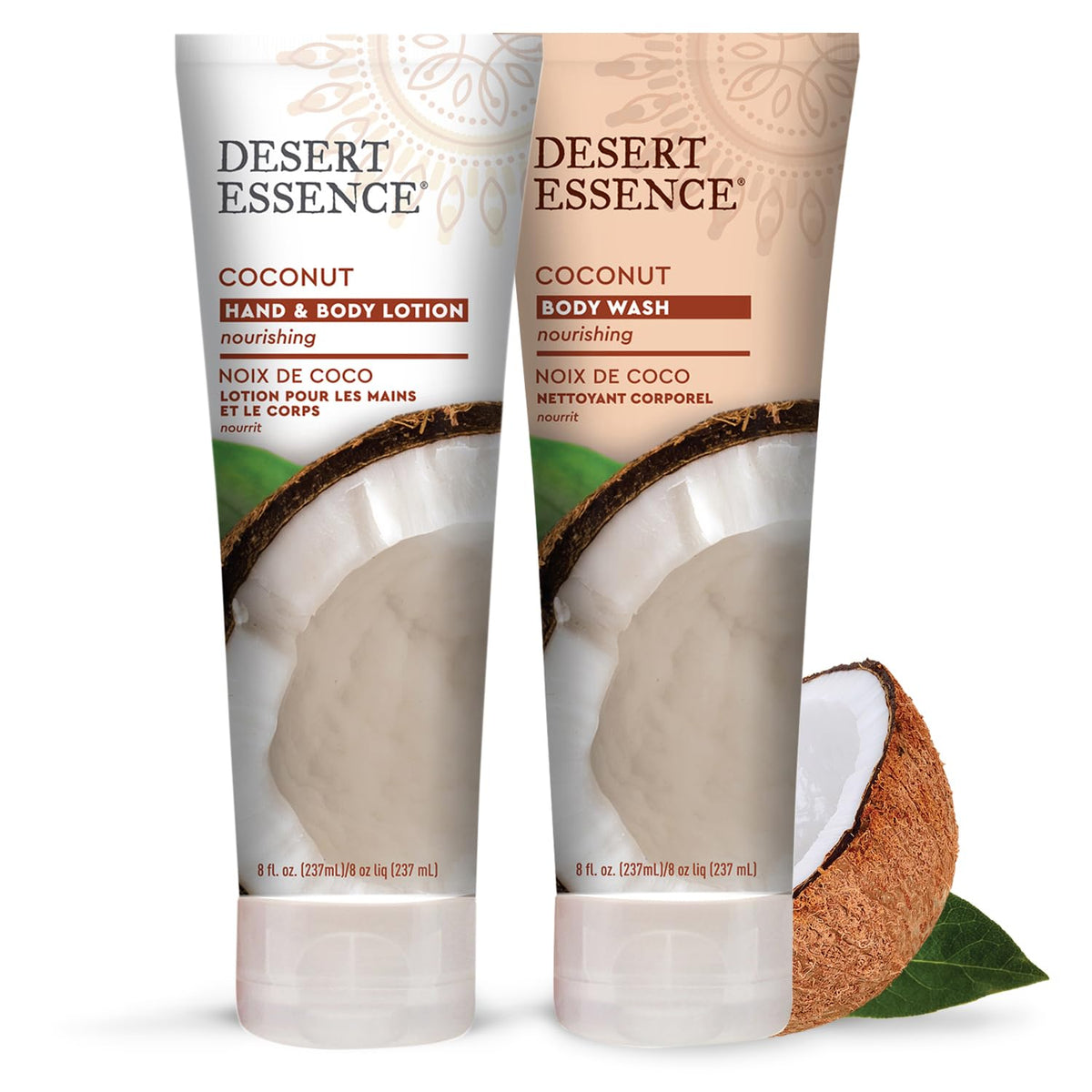 Desert Essence bottle held beside hand indicating 8 fl. oz. travel-friendly size