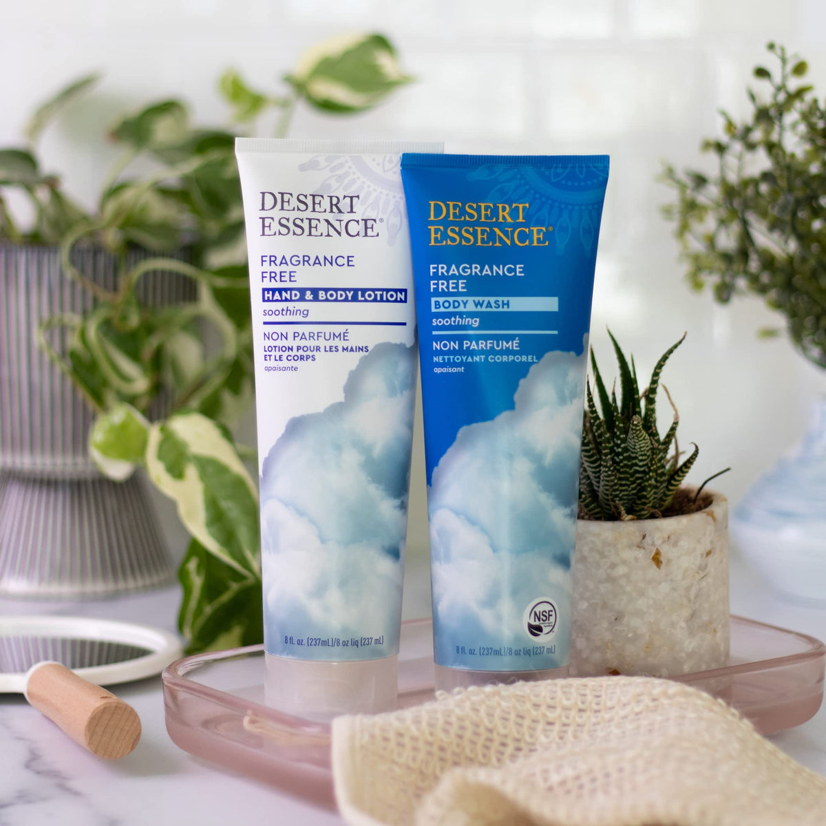 Desert Essence lotion spread on elbow illustrating targeted softening of dry skin