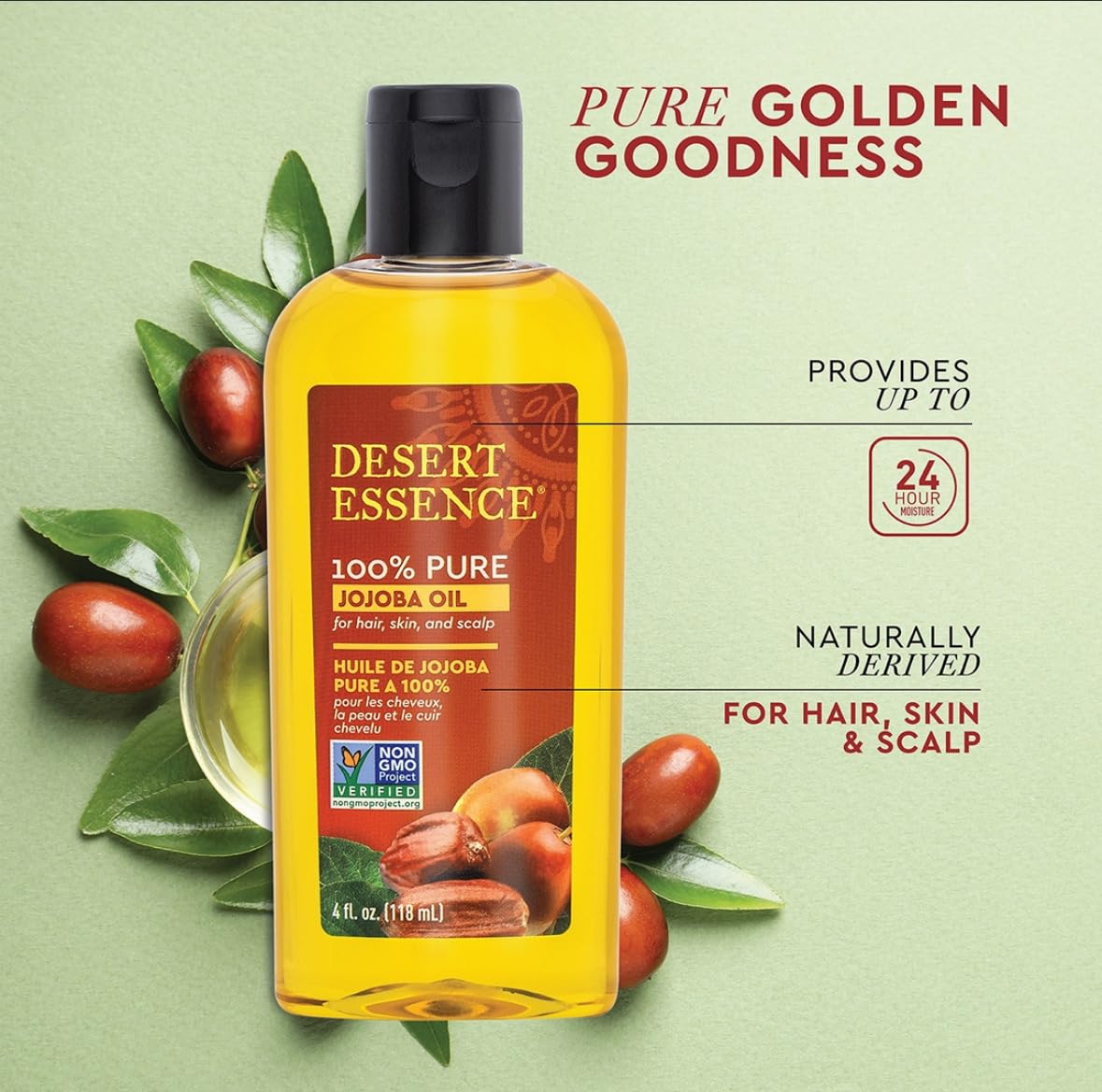 Desert Essence oil pouring from dropper highlighting pure cold-pressed benefit