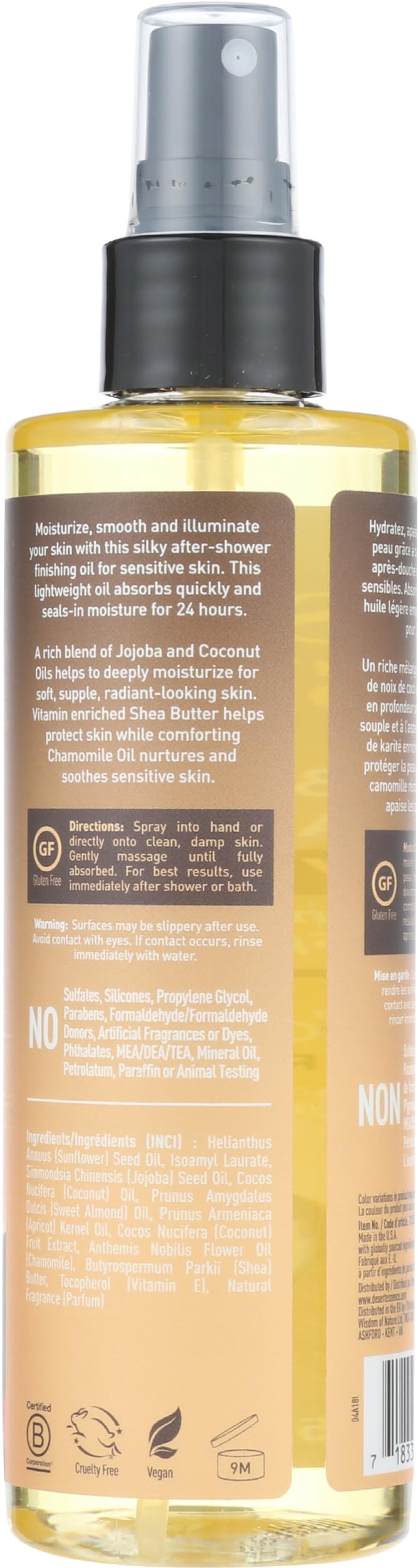 Desert Essence spray pump close-up illustrating easy application and fast absorption