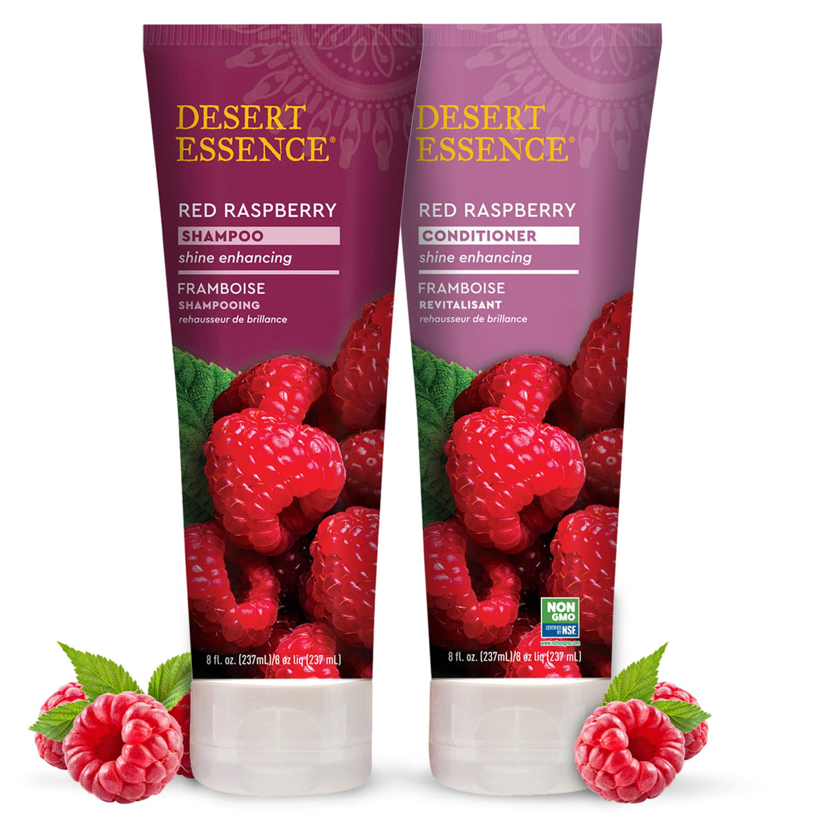 Desert Essence bottle staged on bathroom shelf for natural lifestyle appeal