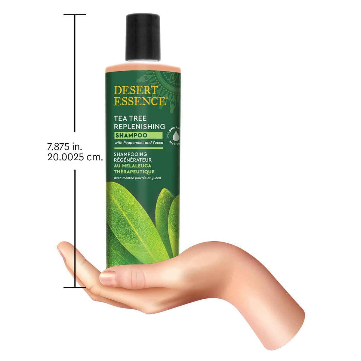 Desert Essence scale comparison next to common bottle to show large 12.9 oz