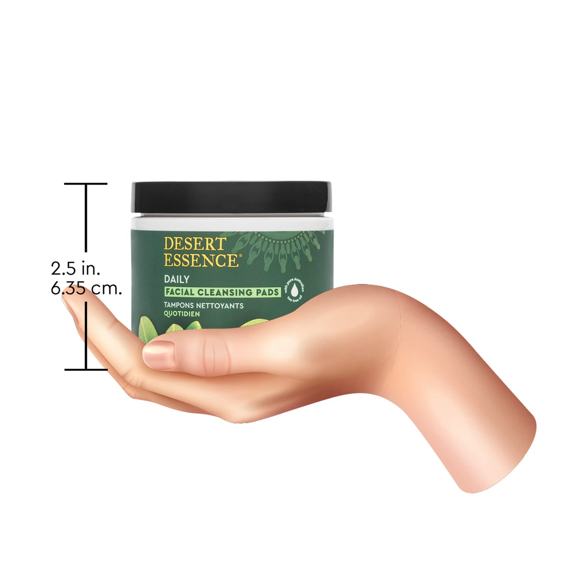 Desert Essence tub beside smartphone showing compact size and travel-ready benefit