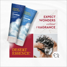 Desert Essence bottle on bathroom shelf showing clean, fragrance-free routine