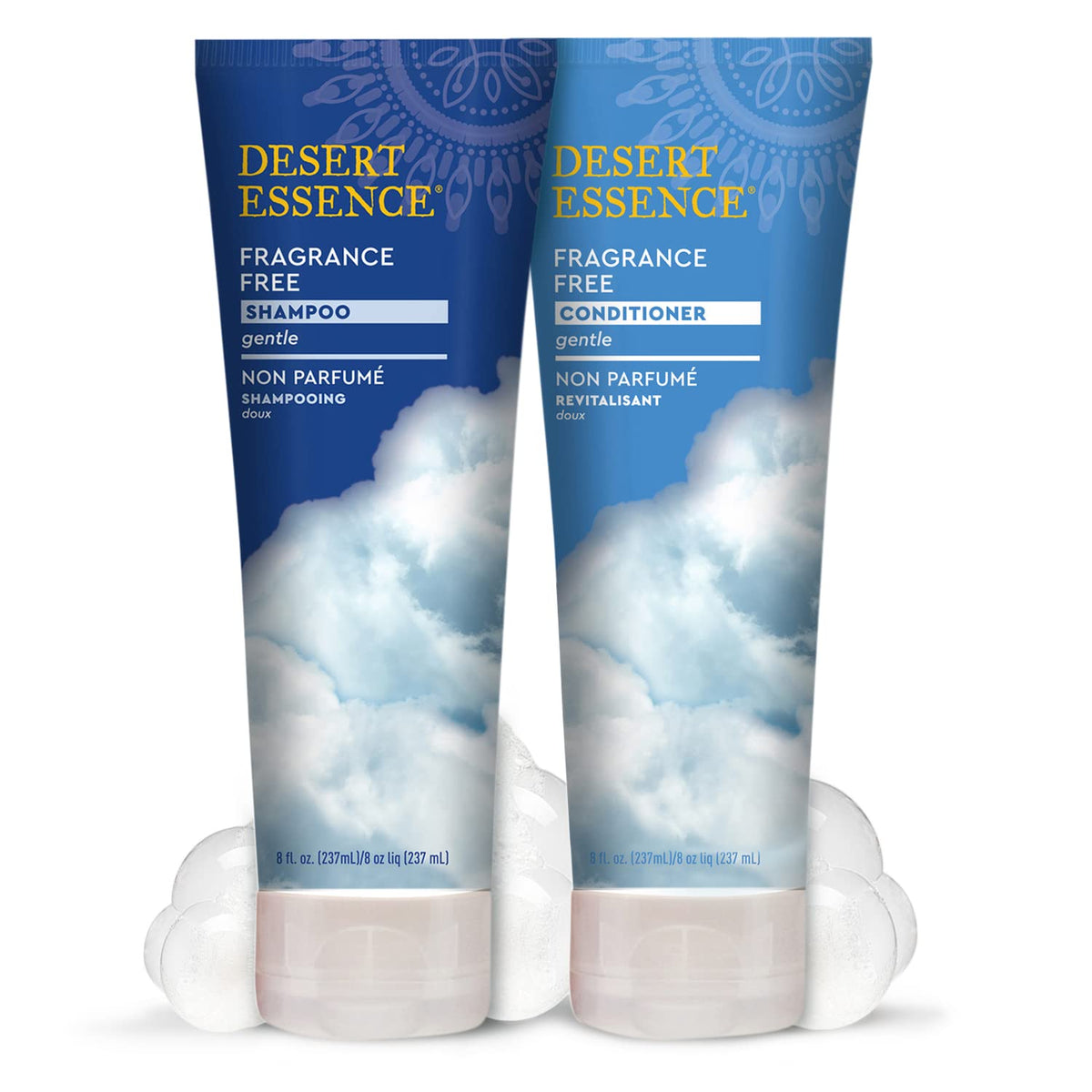 Desert Essence shampoo in bath lifestyle scene promoting calm, sensitive-skin care