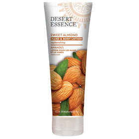Desert Essence front packaging showing 8 oz bottle and sweet almond benefit