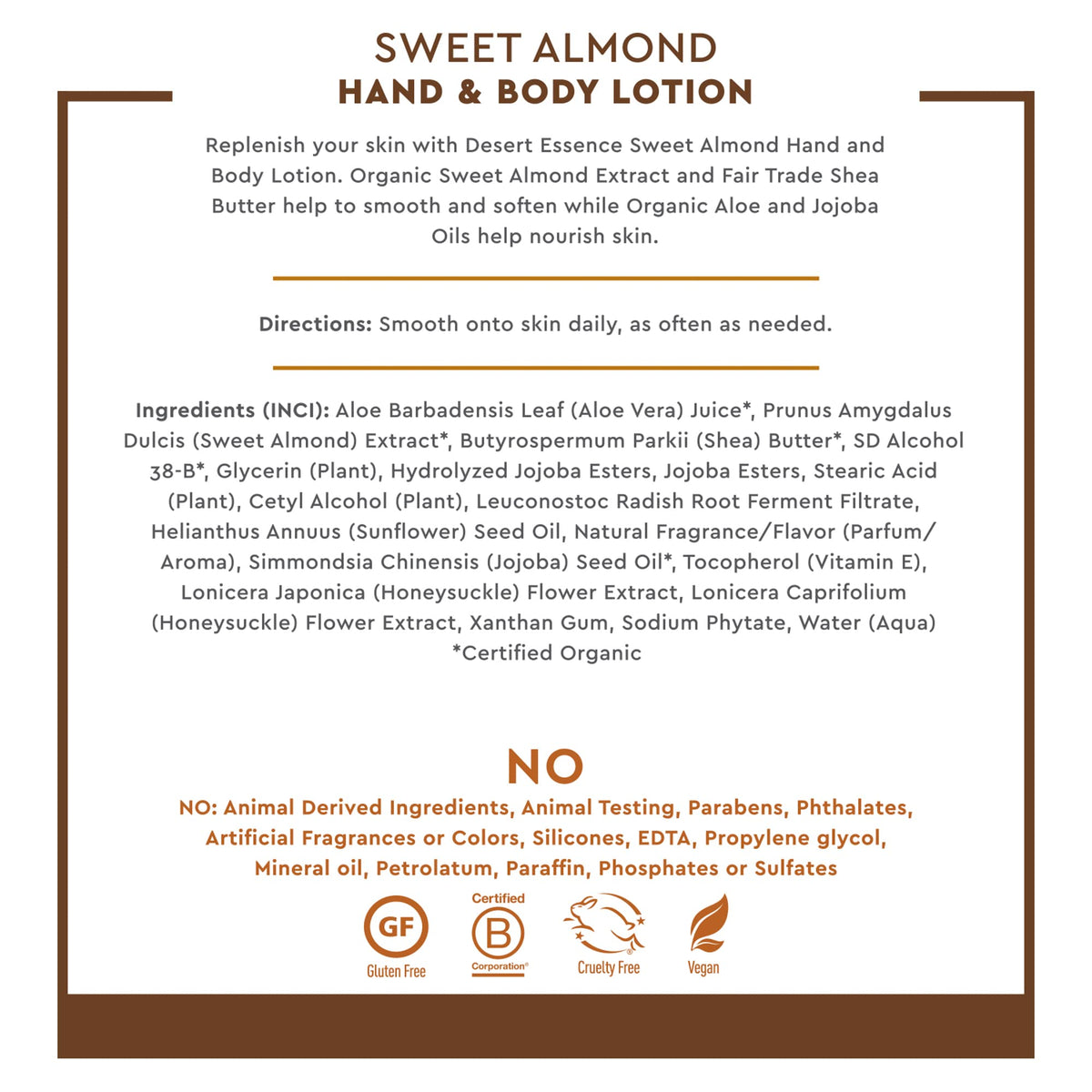 Desert Essence ingredients label highlighting organic botanical ingredients benefit