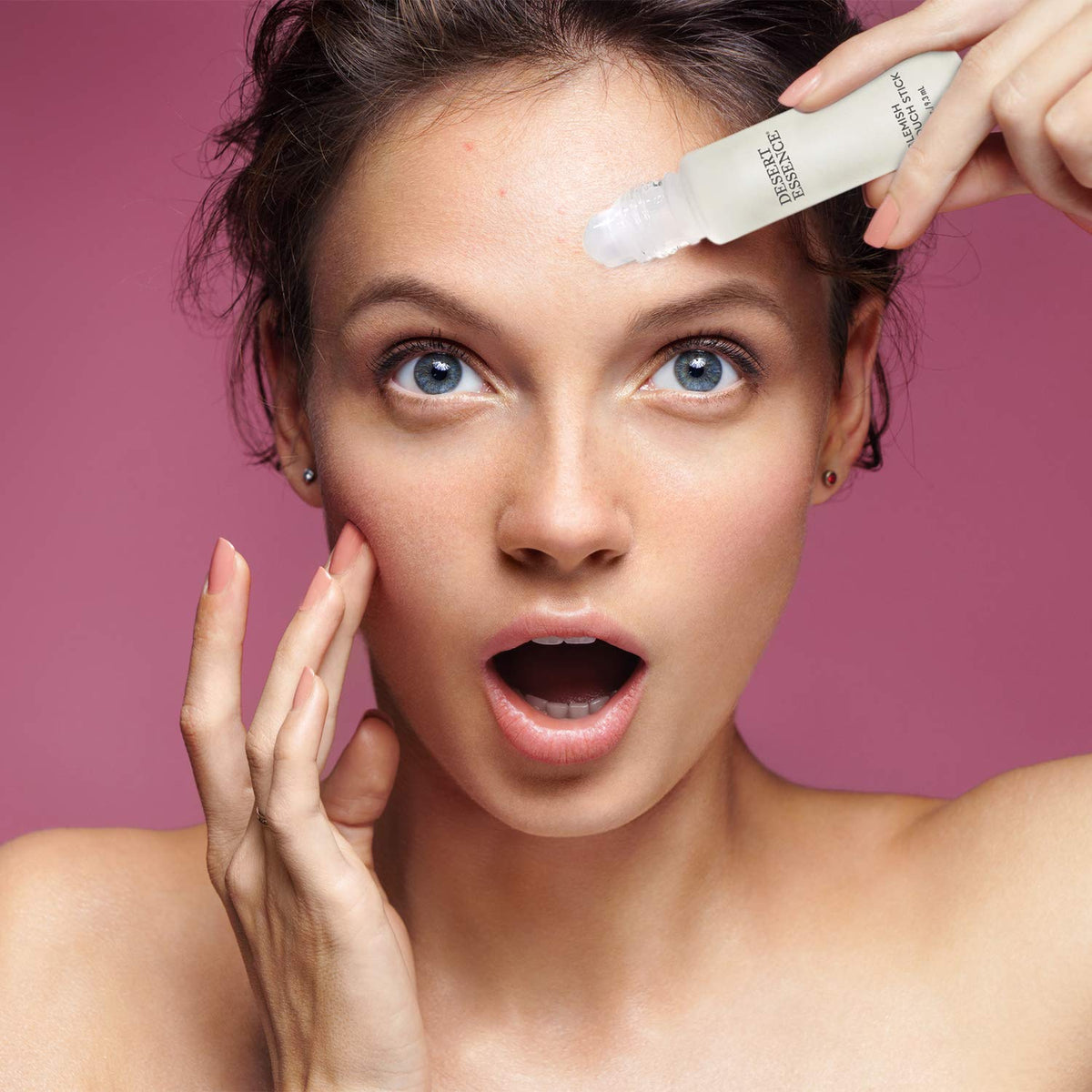 Desert Essence before and after demonstration showing reduced redness and clearer look