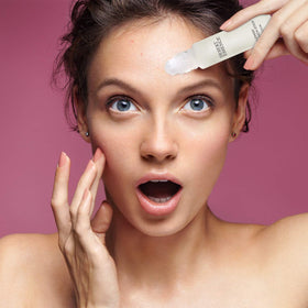 Desert Essence before and after demonstration showing reduced redness and clearer look