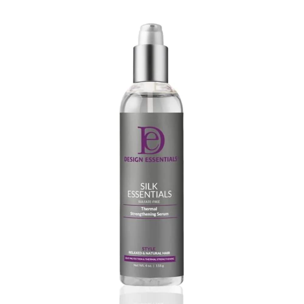 Design Essentials front bottle view showing clear serum for glossy, salon-ready hair