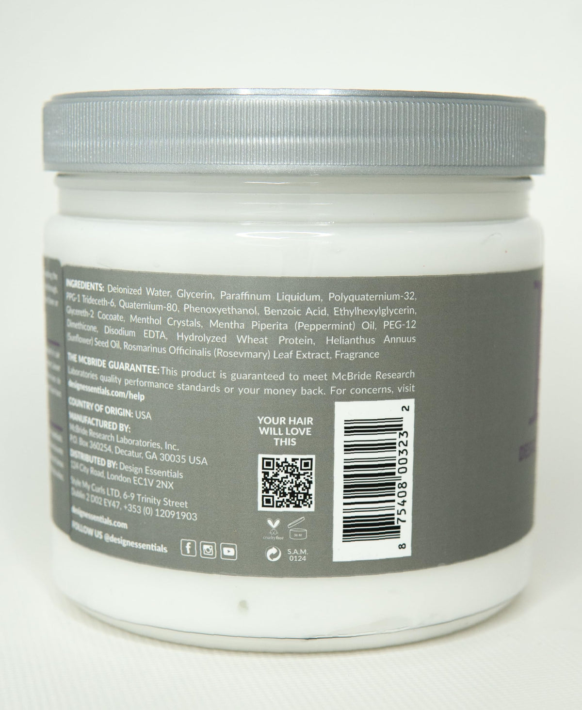 Design Essentials ingredient label with rosemary and peppermint, clarifying benefit