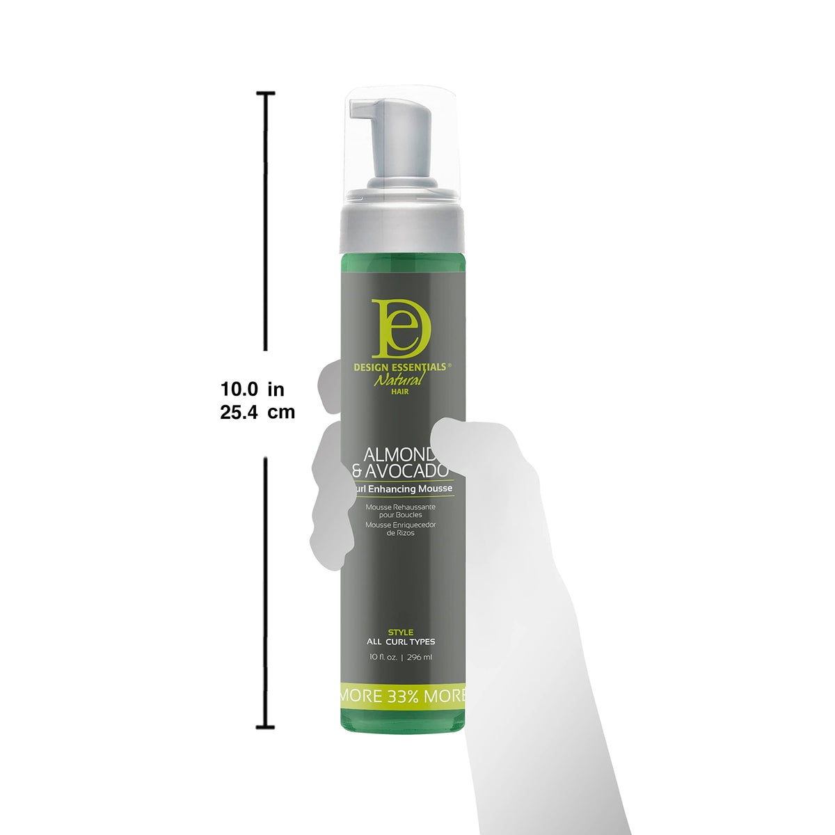 Design Essentials 10 oz bottle in hand to show size and travel convenience