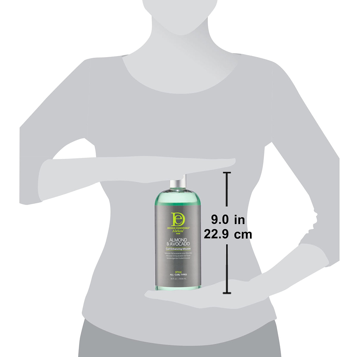 Design Essentials 34 oz bottle next to hand for scale and refill practicality