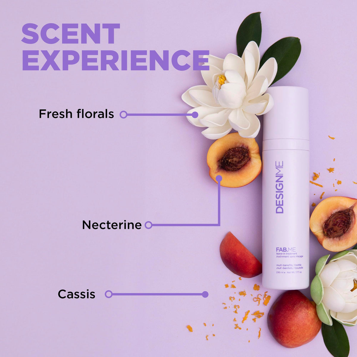 Design.Me Fab.ME mist on hair texture illustrating lightweight conditioning and shine